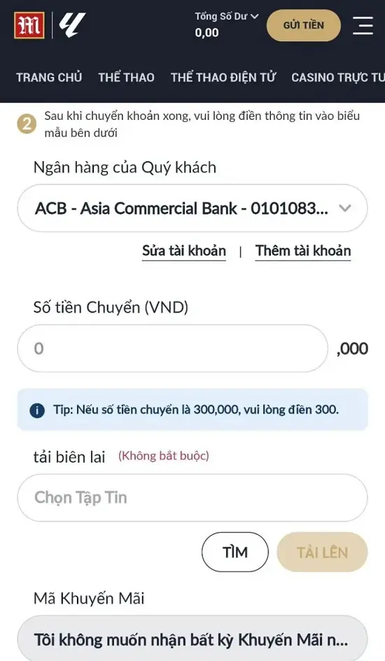 nhập số tiền nạp M88