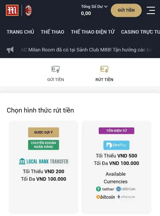 chọn hình thức rút tiền M88