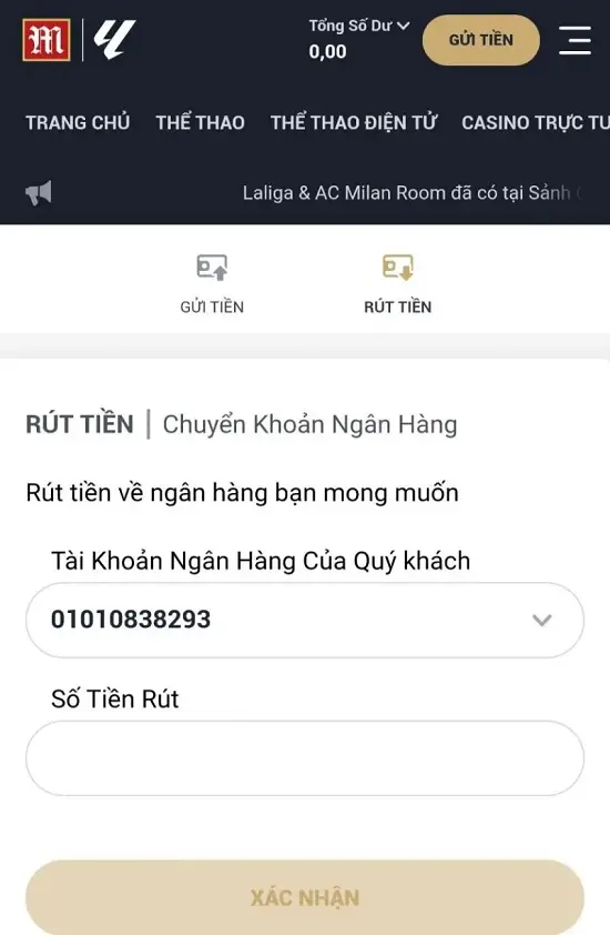 điền thông tin rút tiền M88